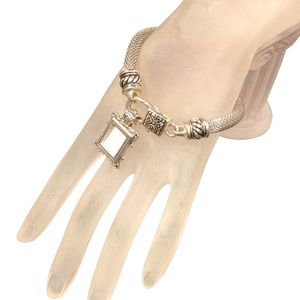 Silver Tone Engraved Mesh Metal Picture Frame Charm Bracelet